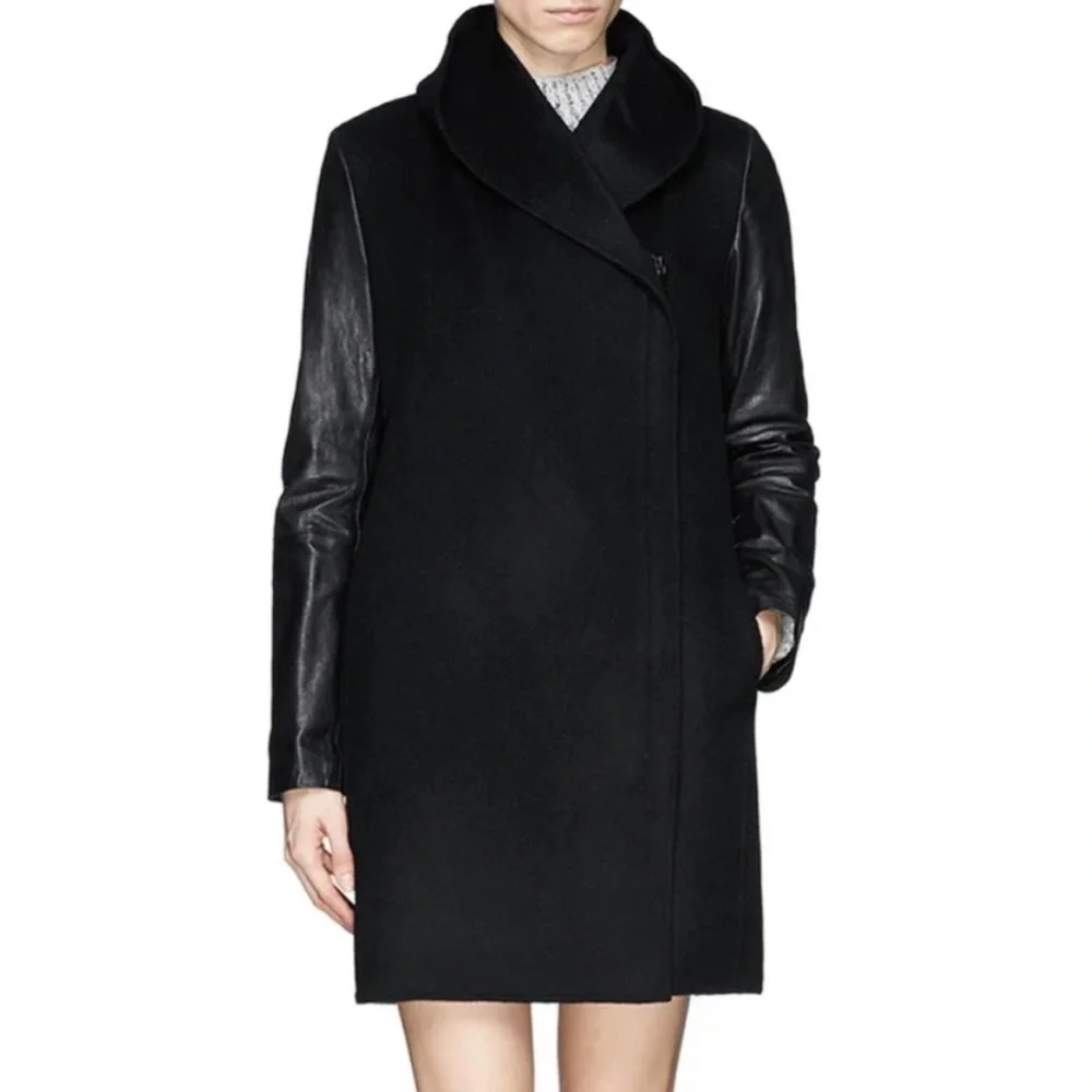 VINCE • Black Leather-Sleeve Shawl Collar Wool Trench Coat, XS - Picture 1 of 15